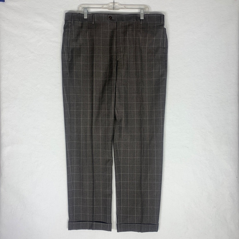 Zanella Todd Super 130s Wool Dress Pants 40x30 Gray Pleated Windowpane Italy - Picture 2 of 15